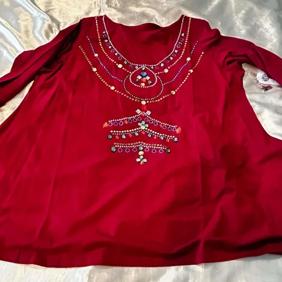 TOP, HAND SEWN MULTICOLOUR BEADS, RED, SIZE 3X, ROUND NECK, LONG SLEEVE, DIANE - Picture 2 of 15
